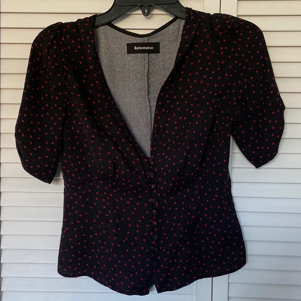 Reformation Black and Red Polka Dot Blouse